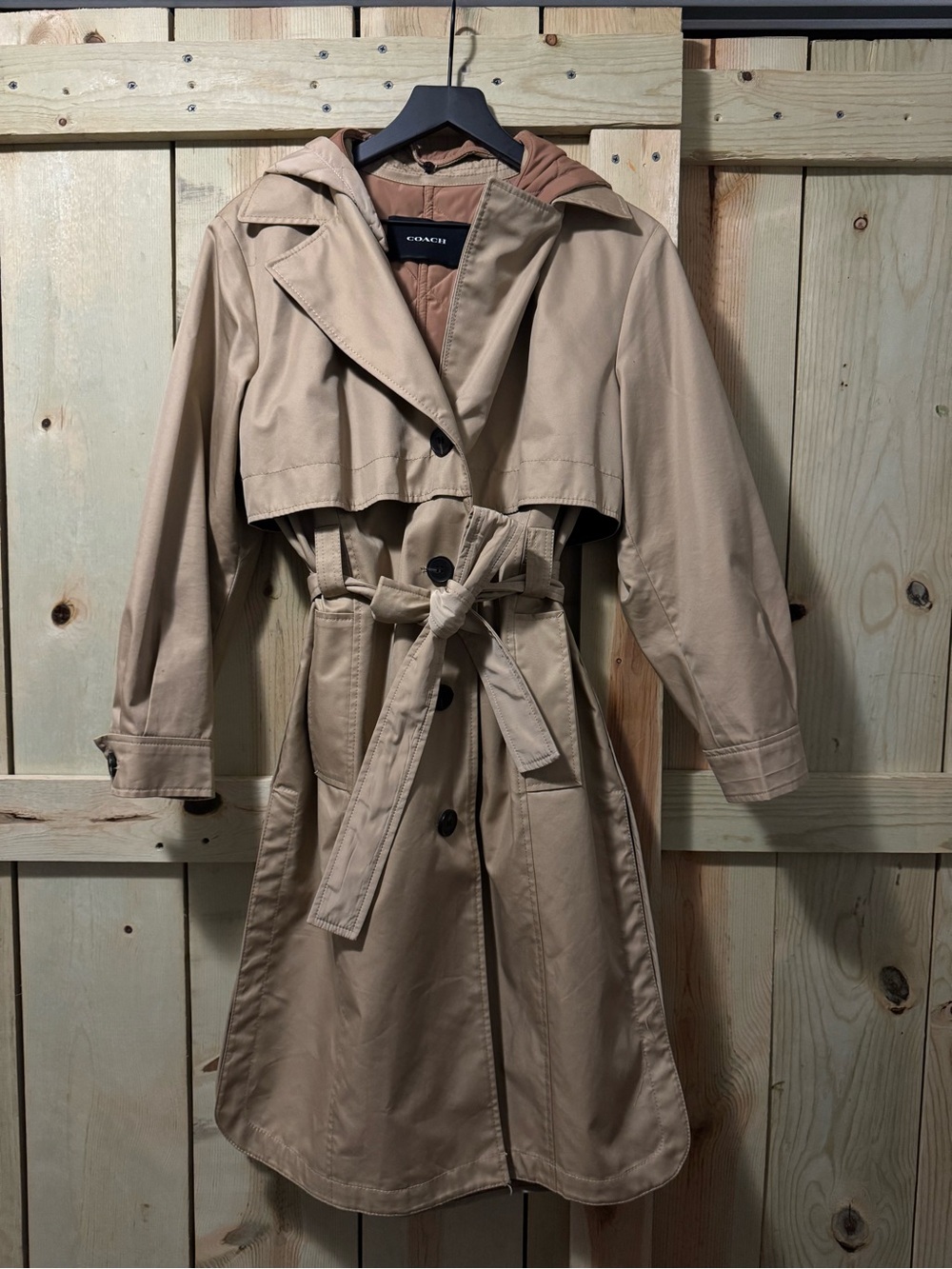 Coach Women's Khaki Trench Coat with Belt and Detachable Hood.